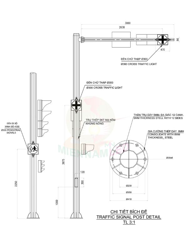 Trụ đèn giao thông cao 6,2m, tay vươn 3m