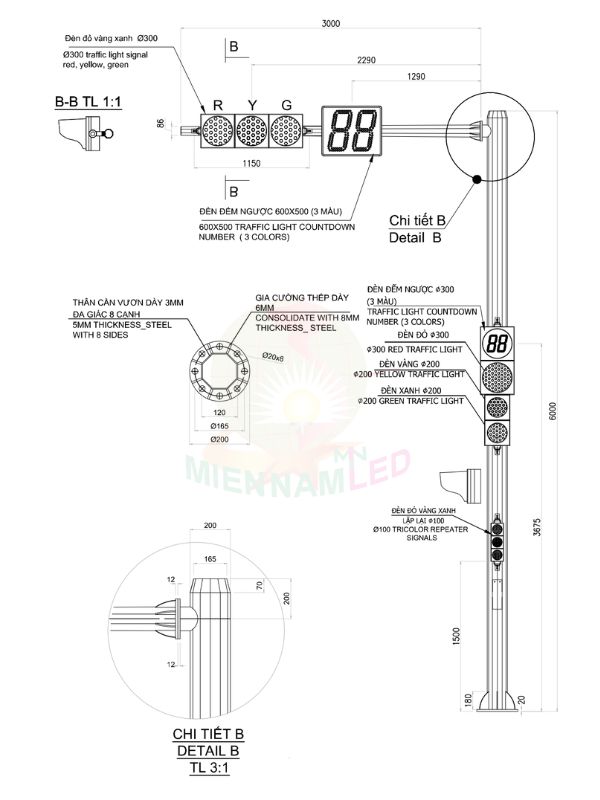 Cột đèn giao thông cao 6,2m, tay vươn 3m