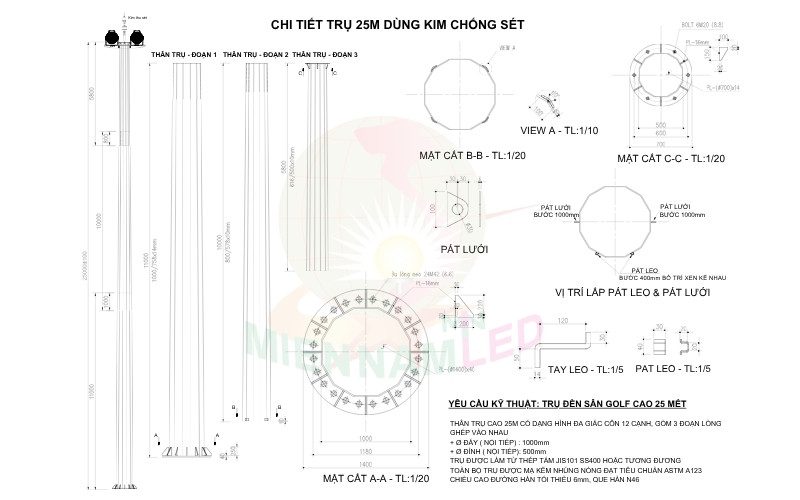 cột đèn sân golf 25m dùng kim thu sét