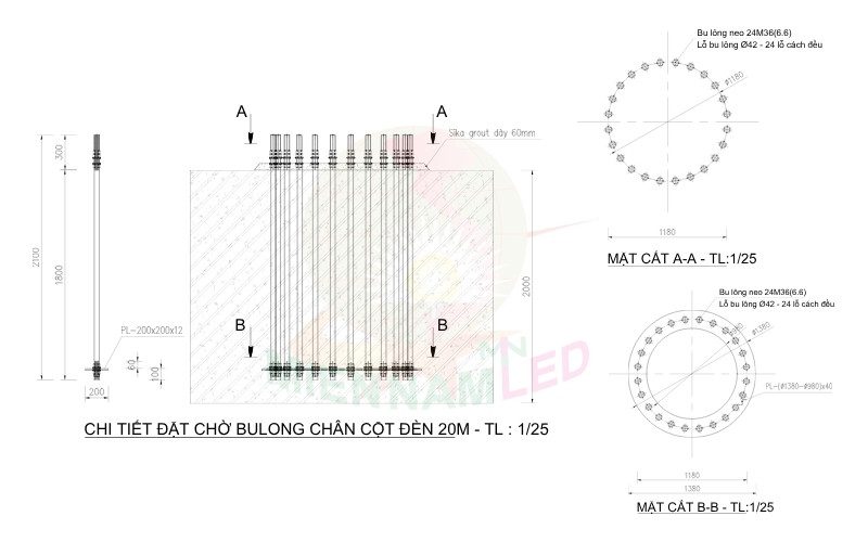 khung móng cột đèn sân golf 20m