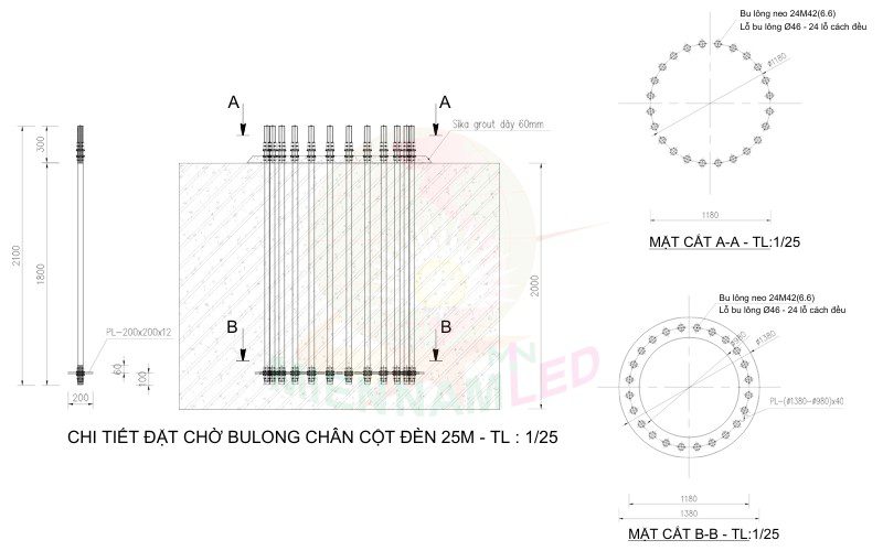 khung móng cột đèn sân golf 25m
