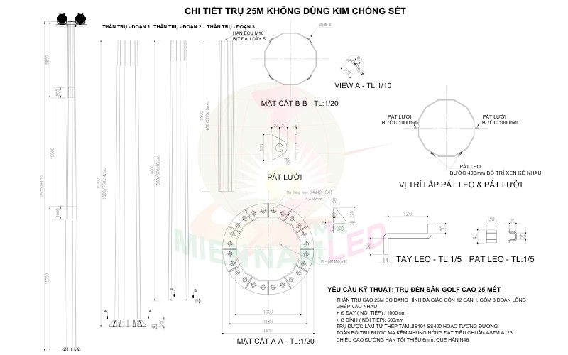 trụ đèn sân golf 25m không dùng kim thu sét