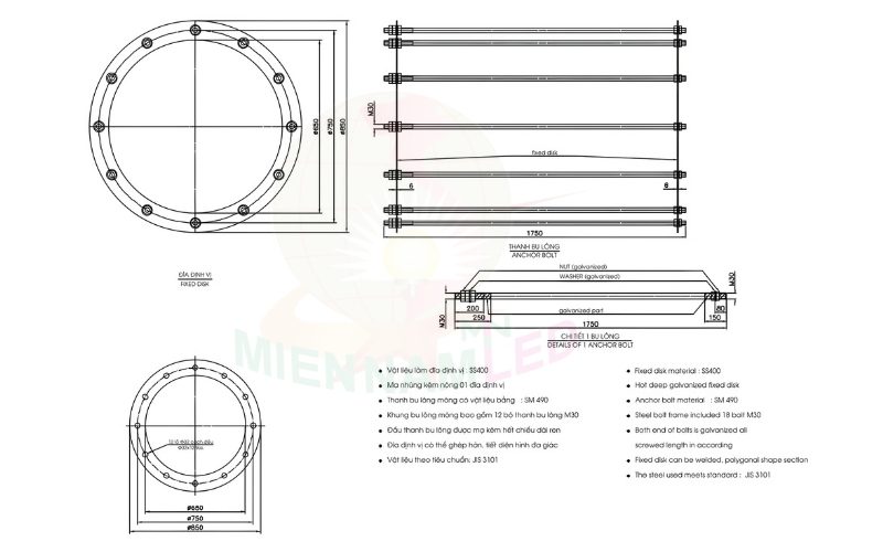 Khung móng cột đèn M30x1750