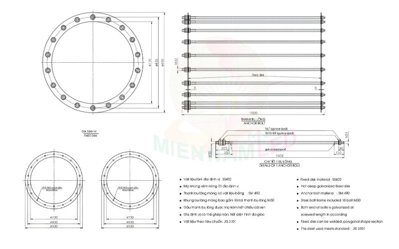 Khung móng cột đèn M30x1900