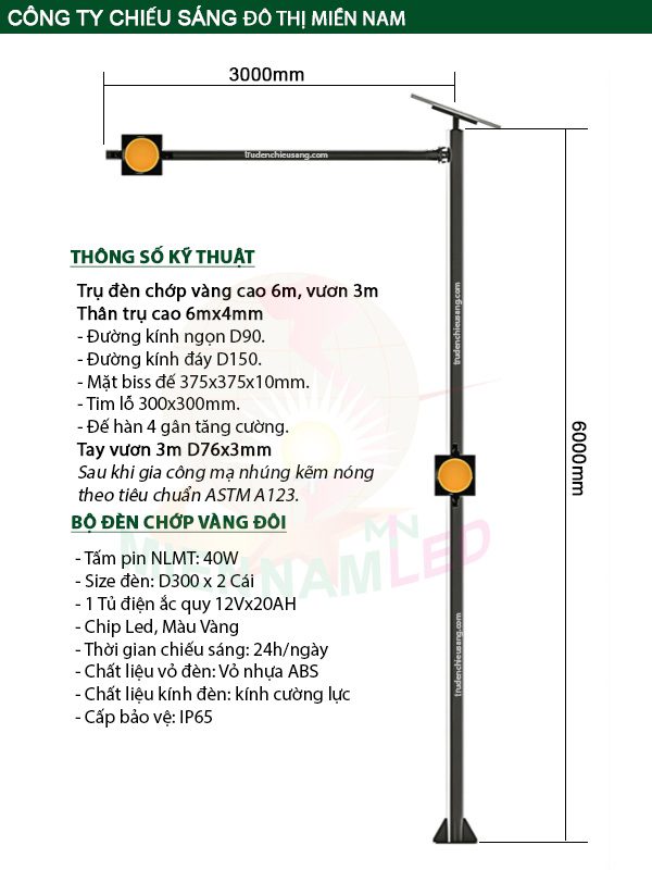 Trụ đèn chớp vàng cao 6m vươn 3m