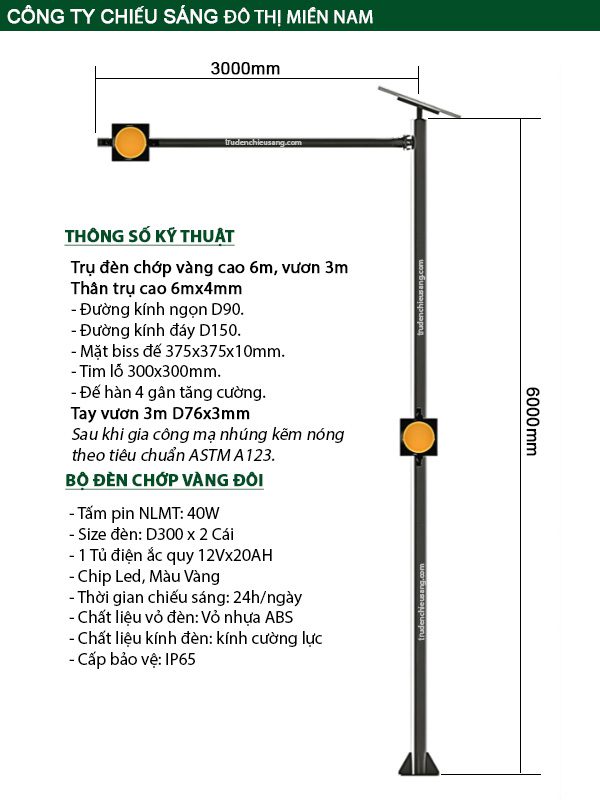Trụ đèn chớp vàng cao 6m vươn 3m