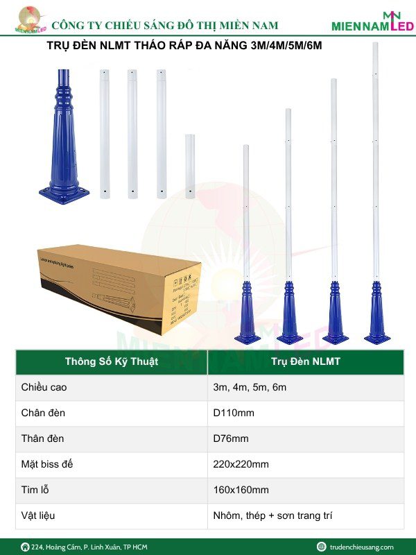 Trụ đèn năng lượng mặt trời tháp ráp đế nhôm