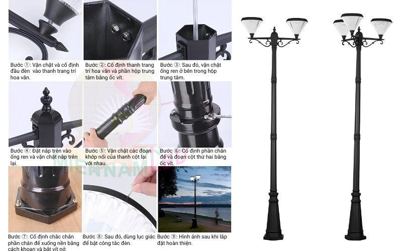 hướng dẫn lắp đặt cột đèn led sân vườn năng lượng mặt trời