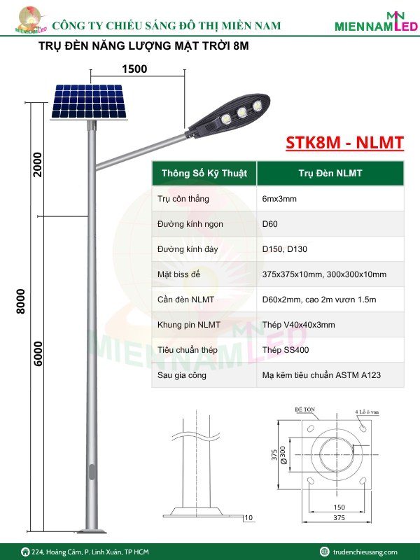 trụ đèn năng lượng mặt trời 8m