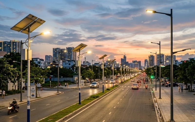 Nên chọn đèn đường LED điện lưới hay NLMT cho dự án