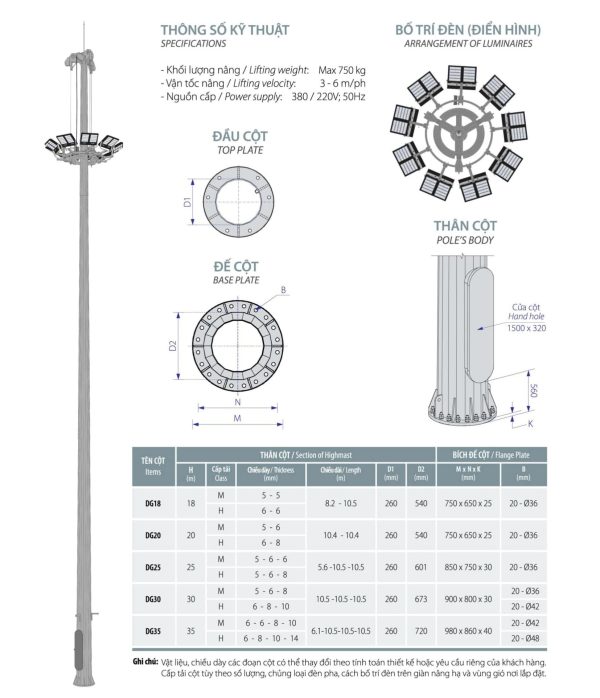 trụ đèn nâng hạ