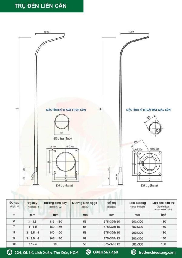 cột đèn bát giác liền cần 8m